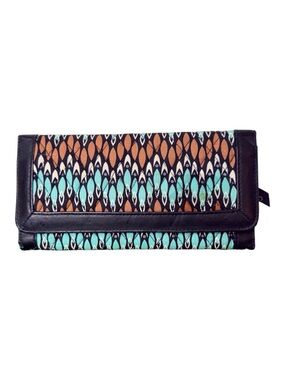 Vera Bradley Tri-fold Wallet Sierra Stream Teal/Brown Black Trim